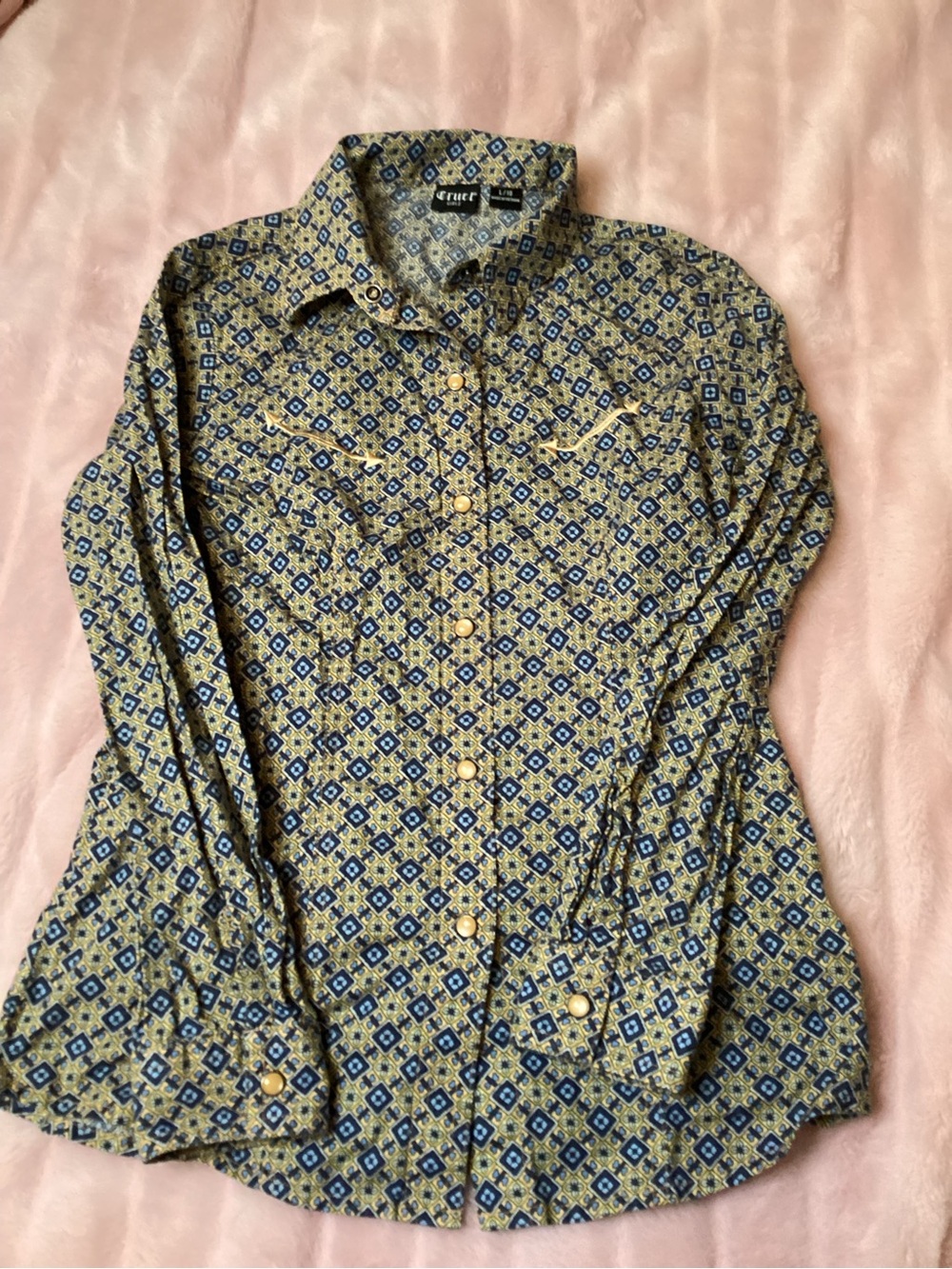 Cruel Girl Olive and Blue Geometric Button-Up Shirt